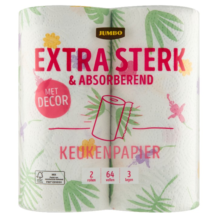 Jumbo Extra Sterk &amp;amp; Absorberend Keukenpapier met Decor 3-Laags 2 Rollen