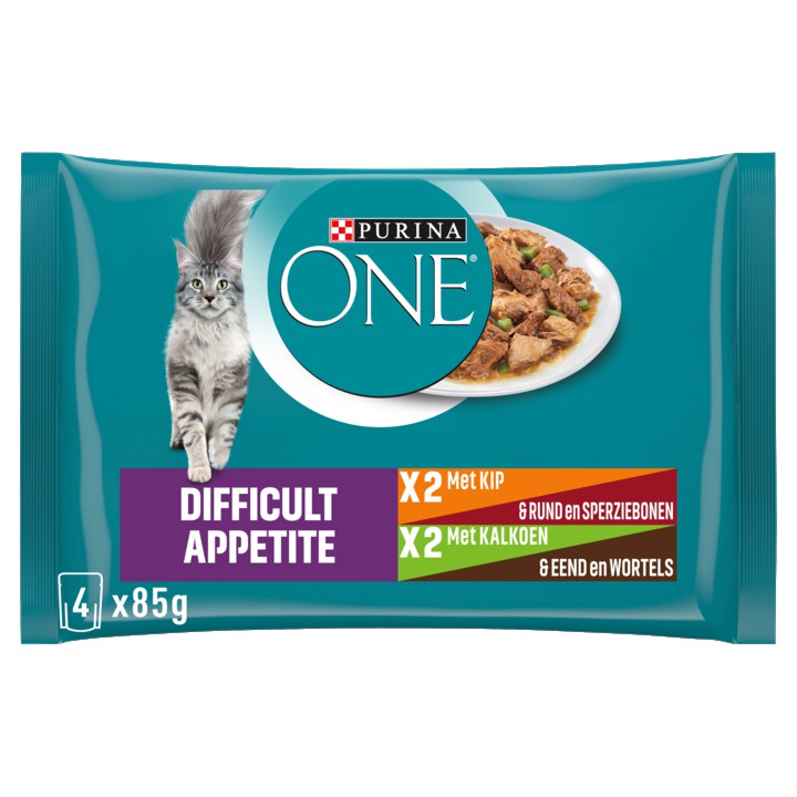 PURINA ONE&amp;reg; Difficult Appetite Rijk aan Kip en Rund / Kalkoen en Eend kattenvoer nat 4 x 85g