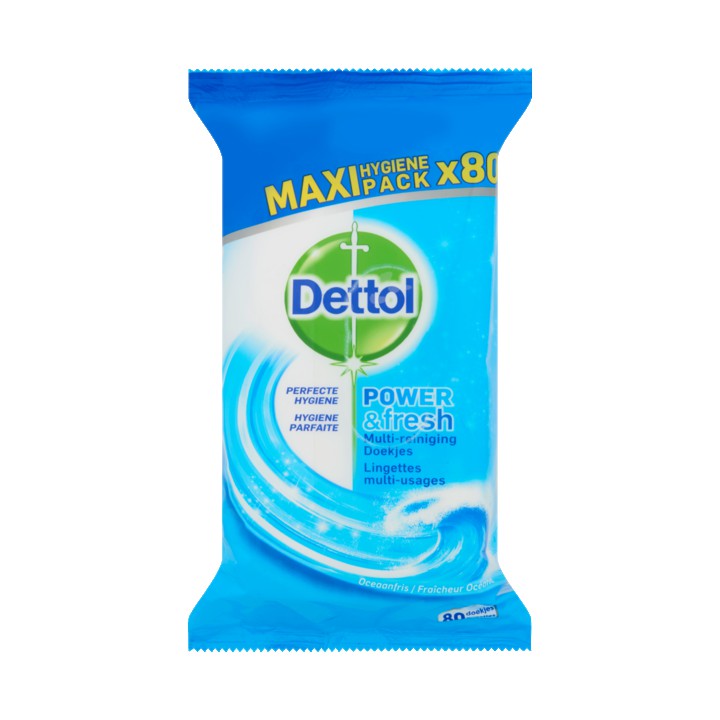 Dettol Power &amp;amp; Fresh Multi-Reiniging Doekjes Oceaanfris Maxi Hygiene Pack 80 Stuks