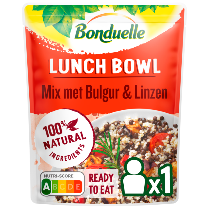Bonduelle Lunch Bowl Linzen, Bulgur, gegrilde rode paprika en aubergine, cherrytomaten 250g