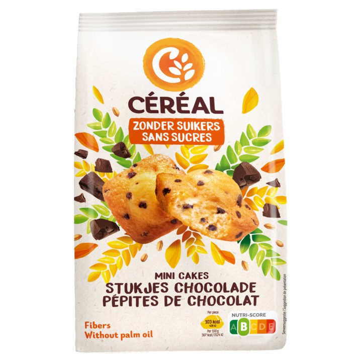 C&amp;eacute;r&amp;eacute;al Zonder Suikers Mini Cakes Stukjes Chocolade 7 x 28g
