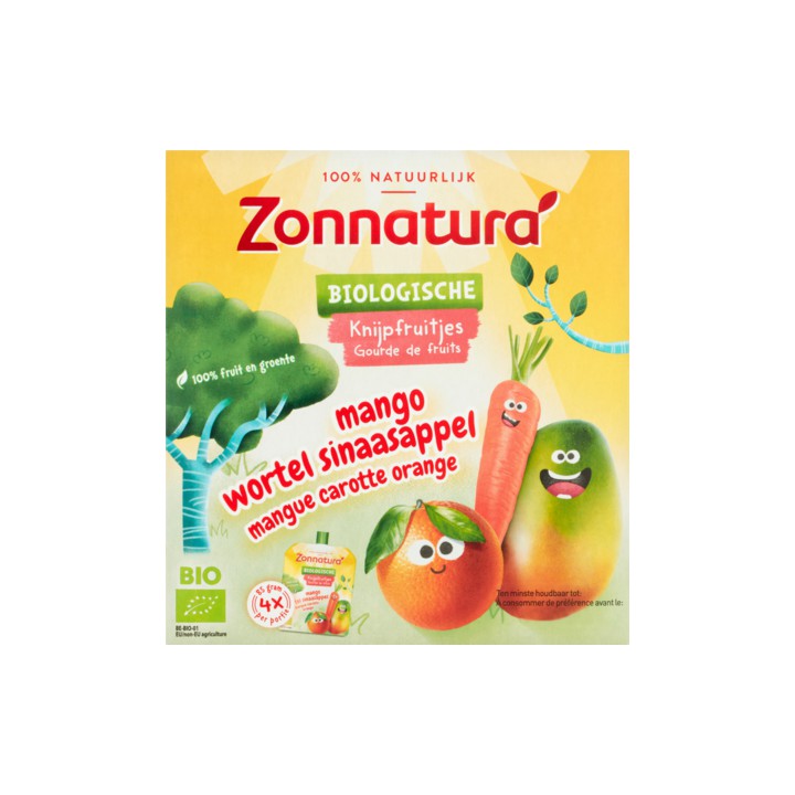 Zonnatura Biologische Knijpfruitjes Mango Wortel Sinaasappel 4 x 85g
