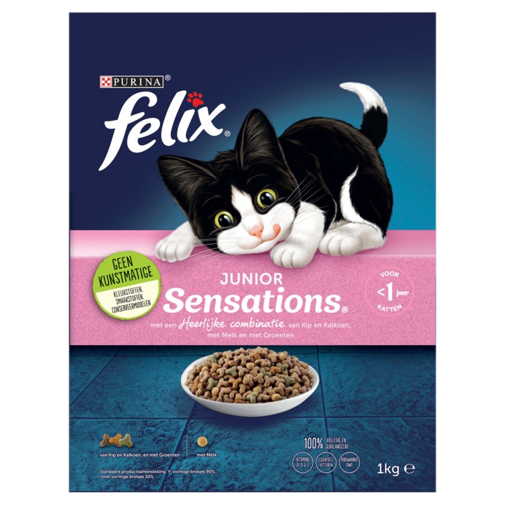 Felix&amp;reg; Sensations Junior kittenvoer met Kip en Kalkoen, met Melk en met Groenten 1000g