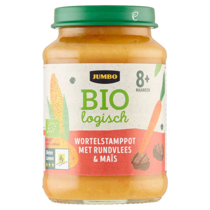Jumbo Biologisch Wortelstamppot met Rundvlees &amp;amp; Ma&amp;iuml;s 8+ Maanden 190g