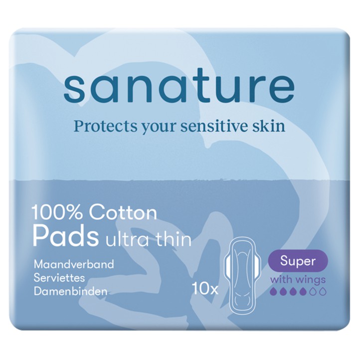 Sanature 100% Katoenen Maandverband Ultra Super met vleugels 10 stuks